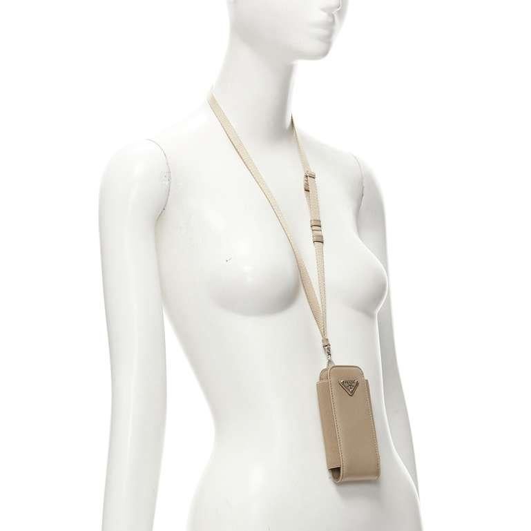 Beige new PRADA Symbole Triangle logo cuir saffiano Phone lanyard bag beige nude en vente