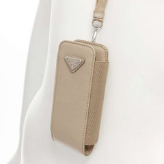 new PRADA Symbole Triangle logo saffiano leather Phone lanyard bag beige nude