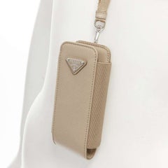 Prada Saffiano Ivory Leather Logo Plaque ID Cardholder Lanyard