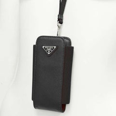 new PRADA Symbole Triangle logo saffiano leather phone pouch lanyard bag black