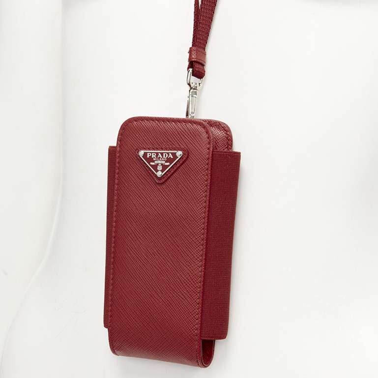 new PRADA Symbole Triangle logo saffiano leather phone pouch lanyard bag red For Sale