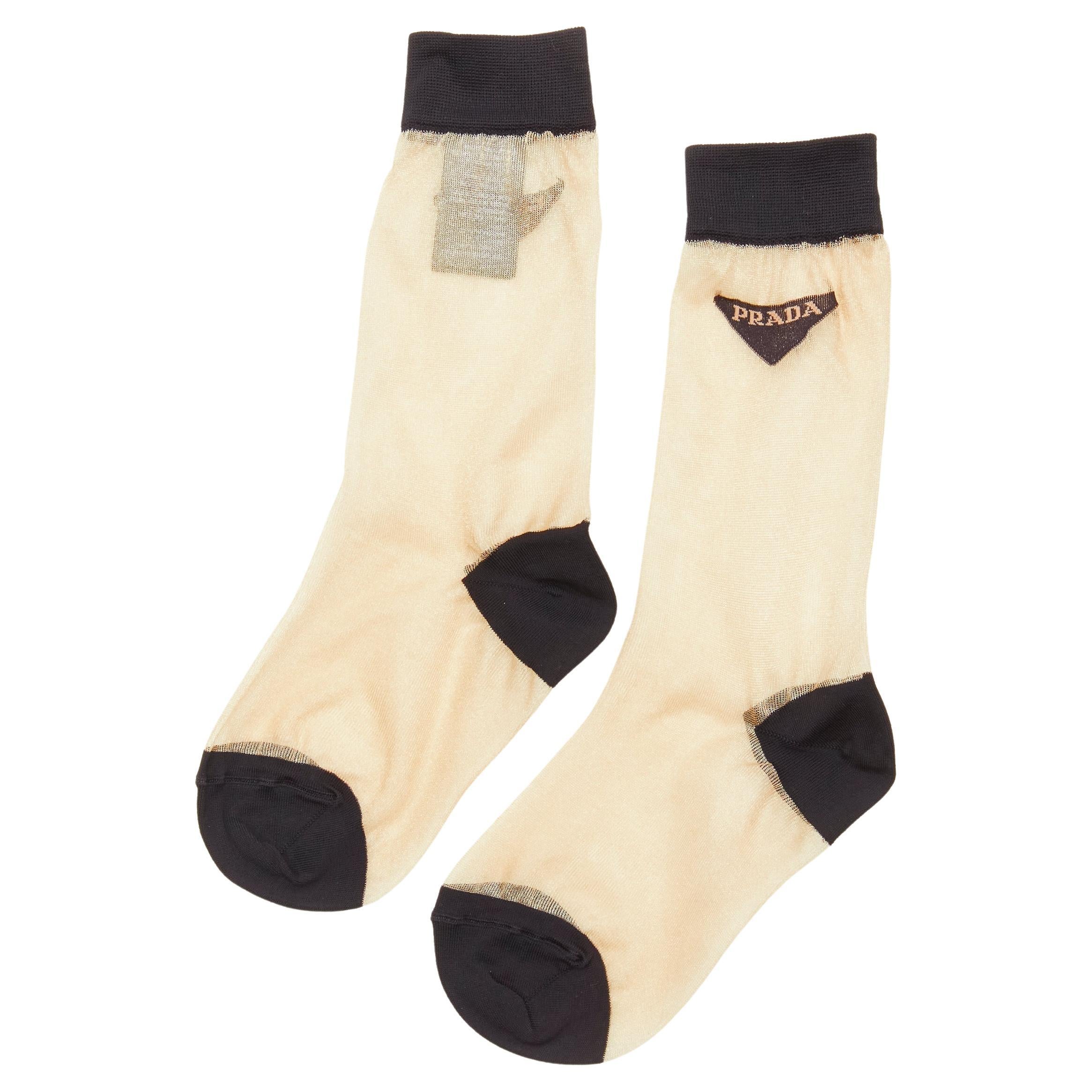 new PRADA Triangle logo beige semi sheer black trimmed fine cotton knit socks