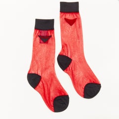new PRADA Triangle logo red semi sheer black trimmed fine cotton knit socks