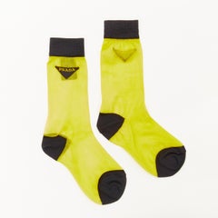 new PRADA Triangle logo yellow semi sheer black trimmed fine cotton knit socks