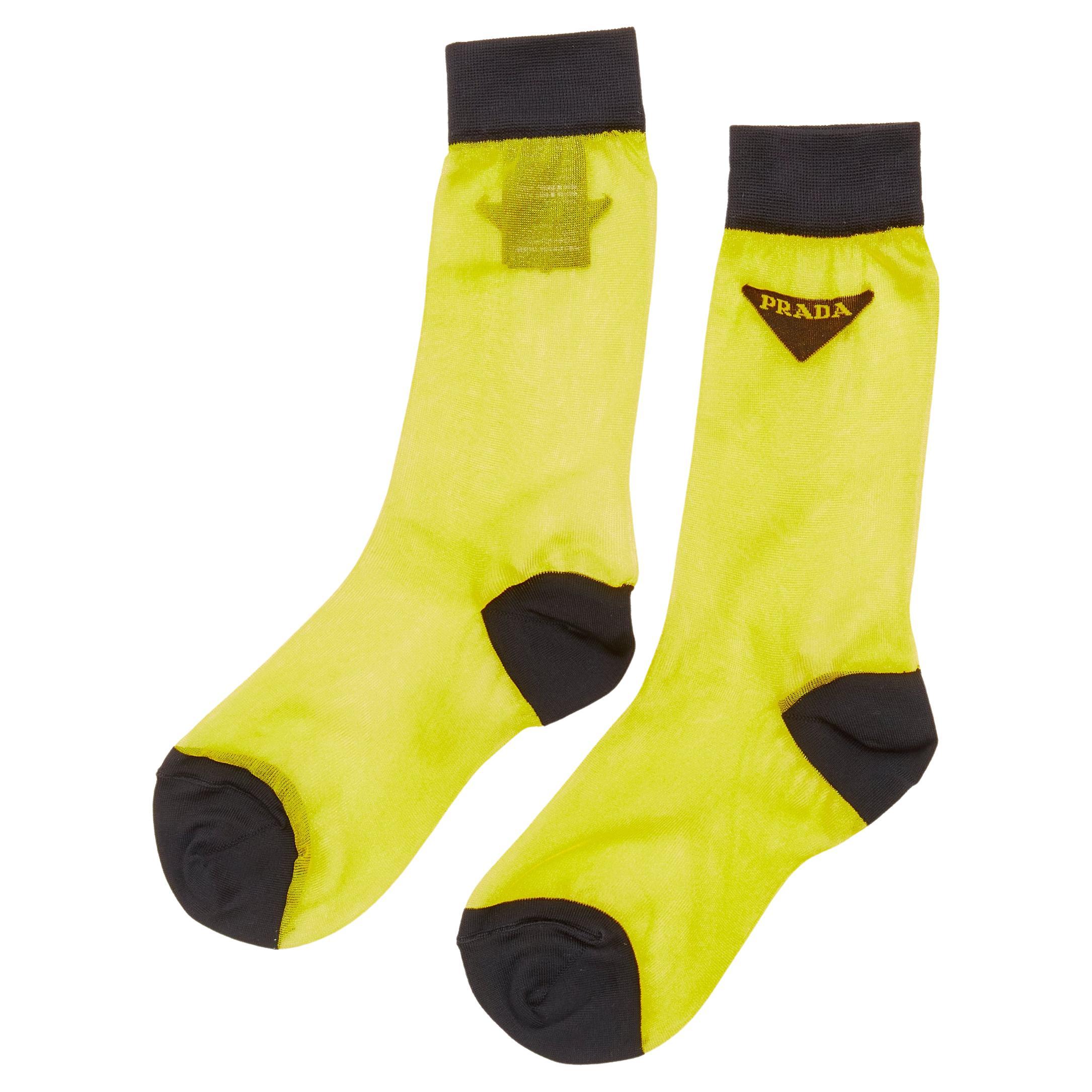 new PRADA Triangle logo yellow semi sheer black trimmed fine cotton knit socks