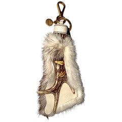 NEW Prada Unique XL Size Mink Fur Saffiano Leather Door Bag Charm Key Ring 