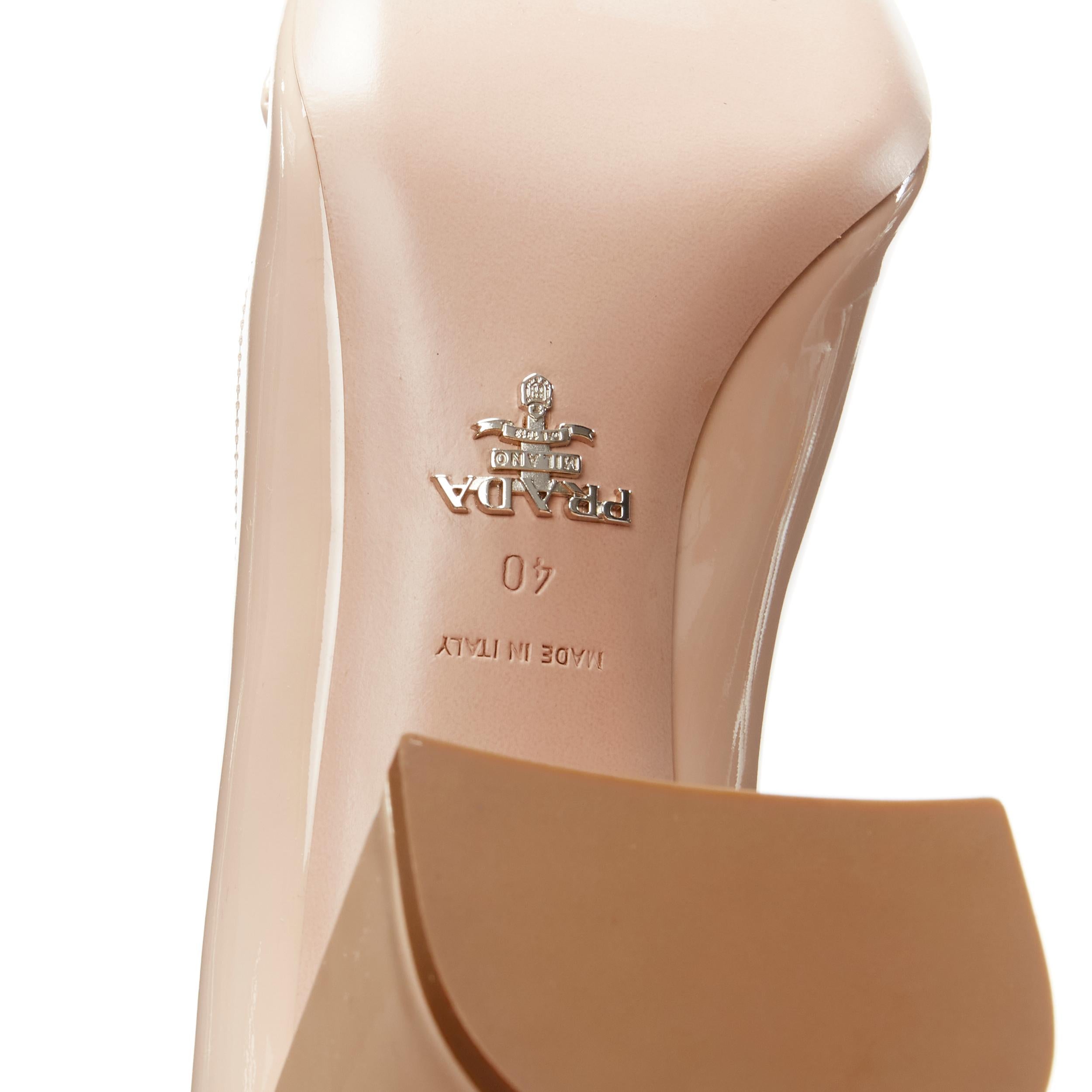 new PRADA Vernice beige patent triangle logo square heel court shoes heels EU40 6