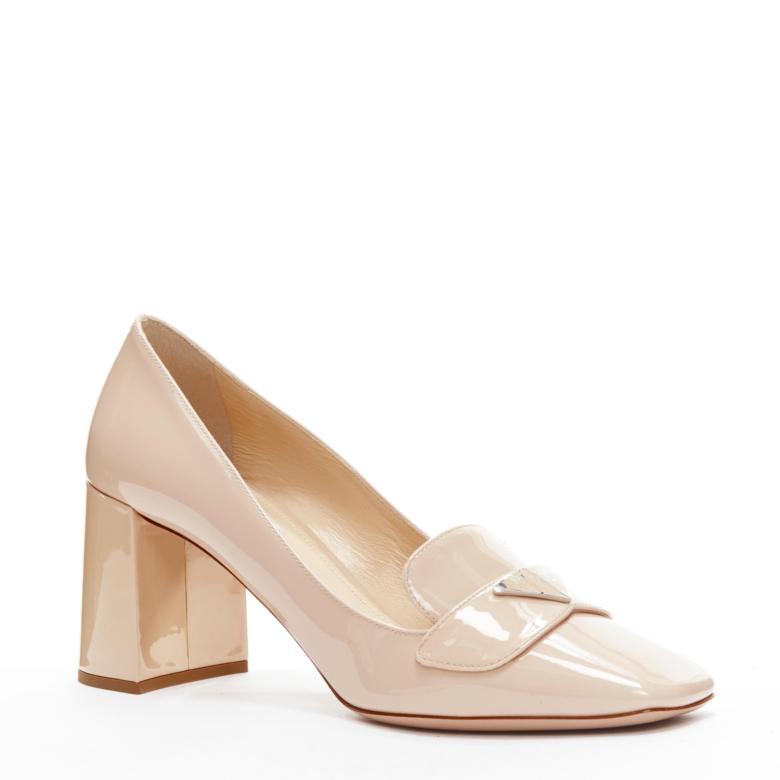 Women's new PRADA Vernice beige patent triangle logo square heel court shoes heels EU40