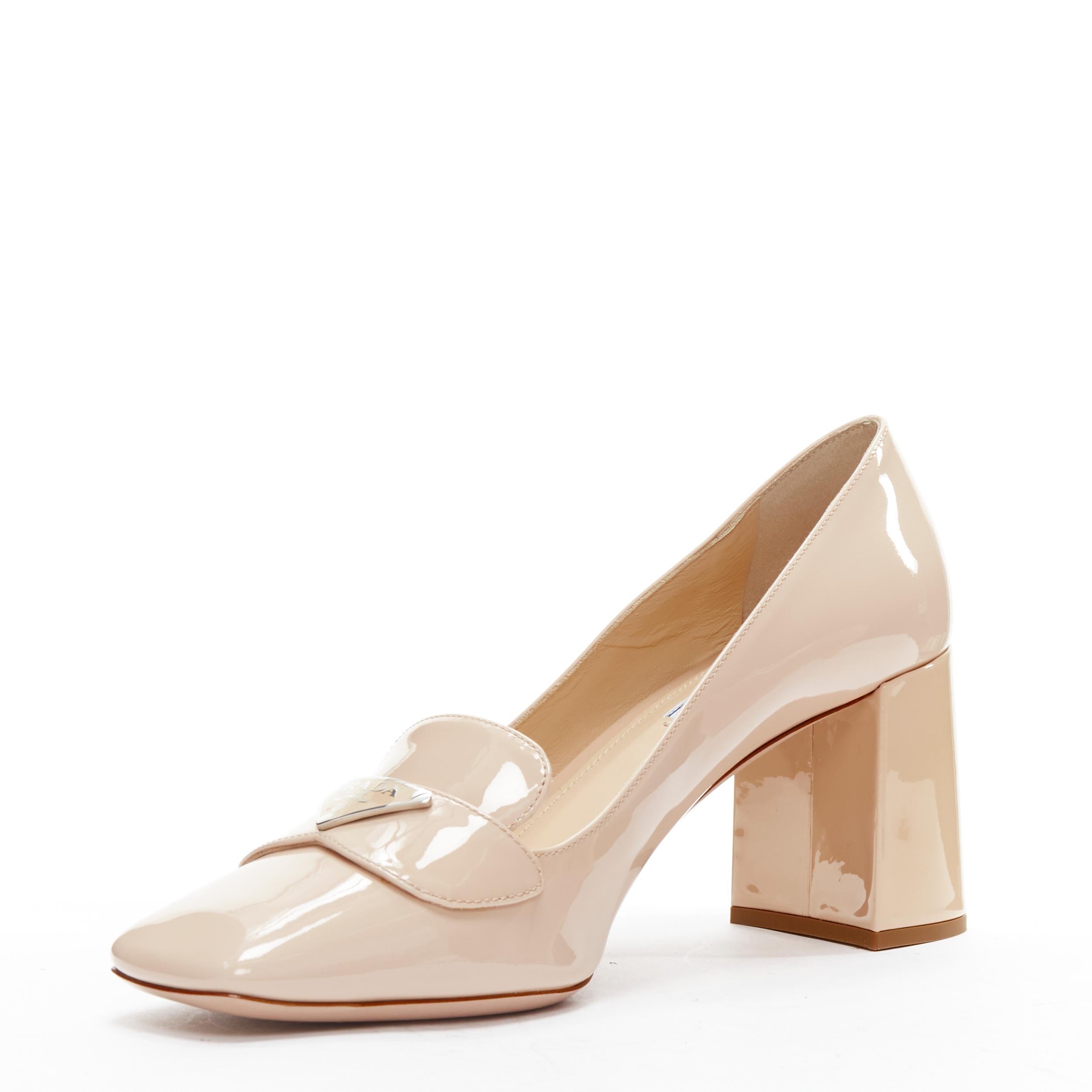new PRADA Vernice beige patent triangle logo square heel court shoes heels EU40 1