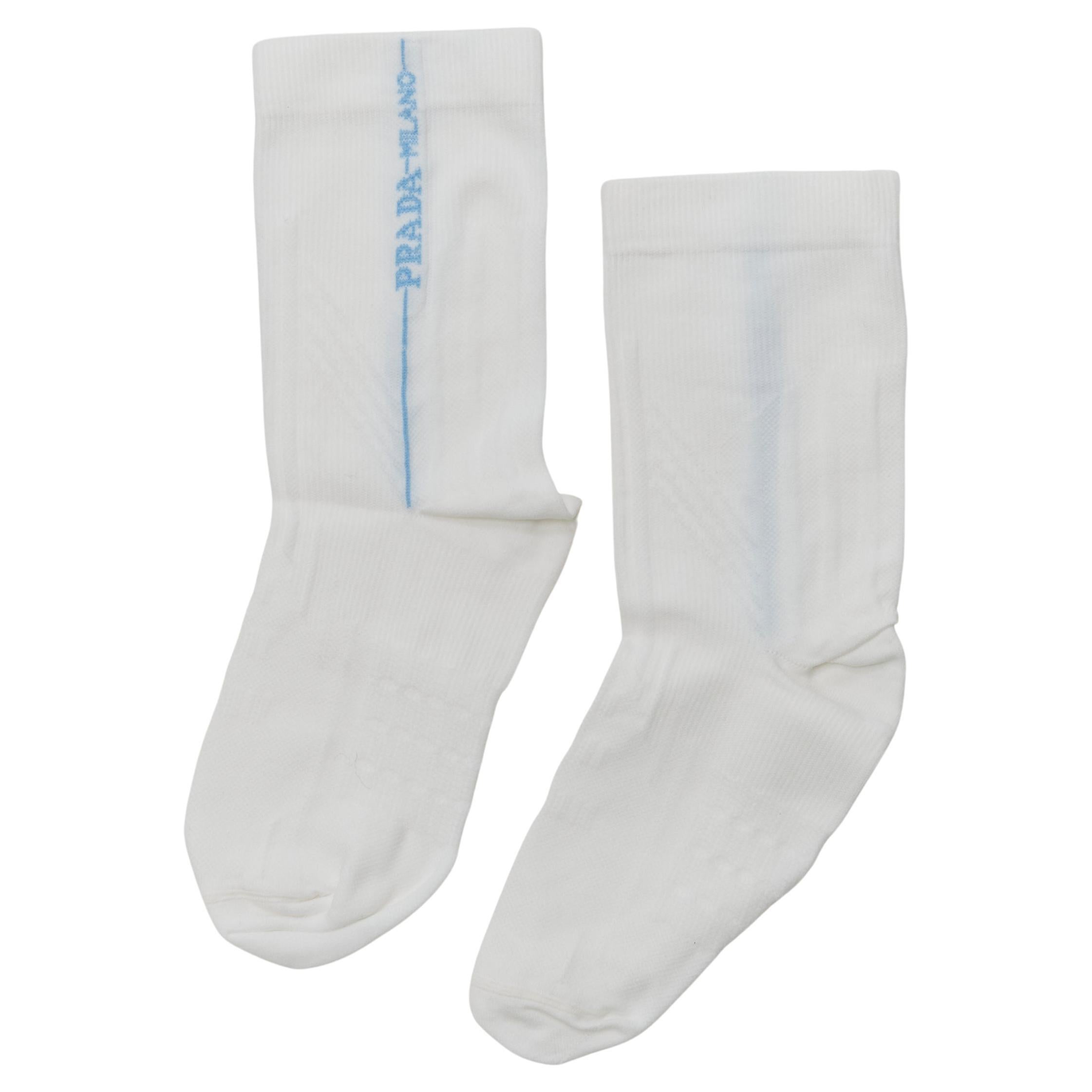 new PRADA white cotton blue Milano logo line short socks