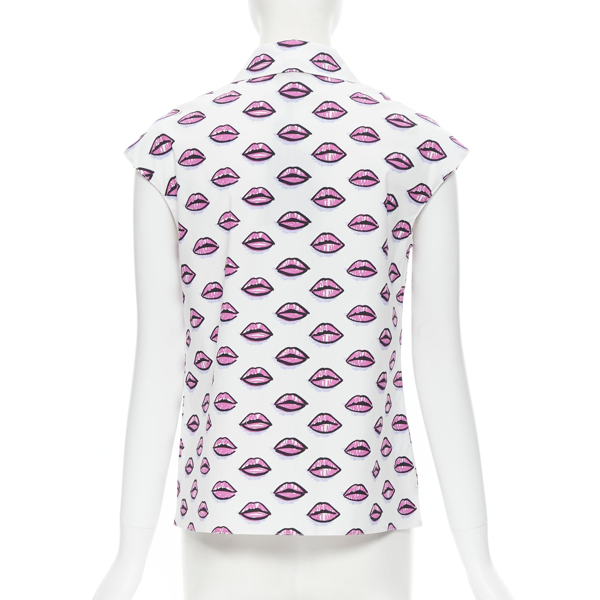 new PRADA white cotton kiss lip print sleeveless cotton shirt IT40 S In Good Condition In Hong Kong, NT