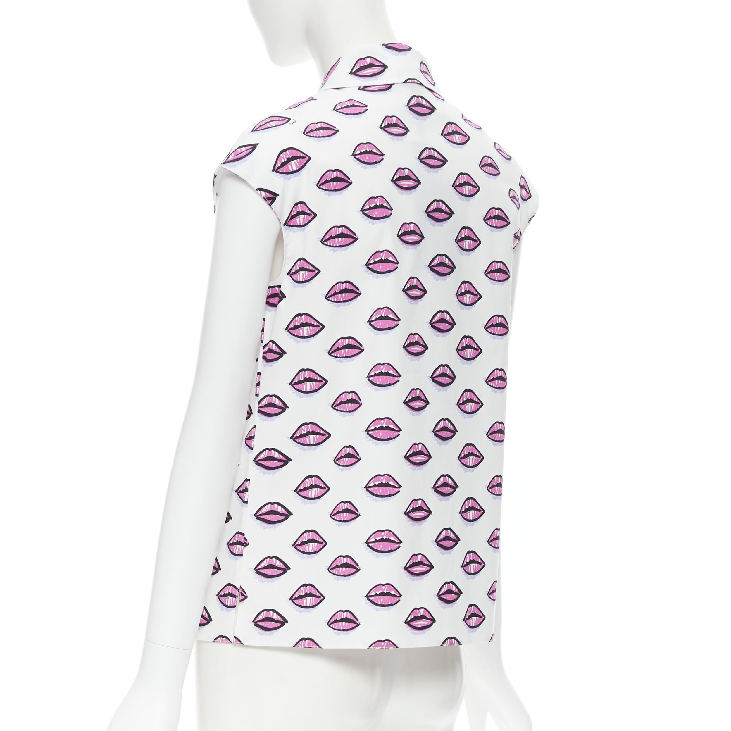 Women's new PRADA white cotton kiss lip print sleeveless cotton shirt IT40 S