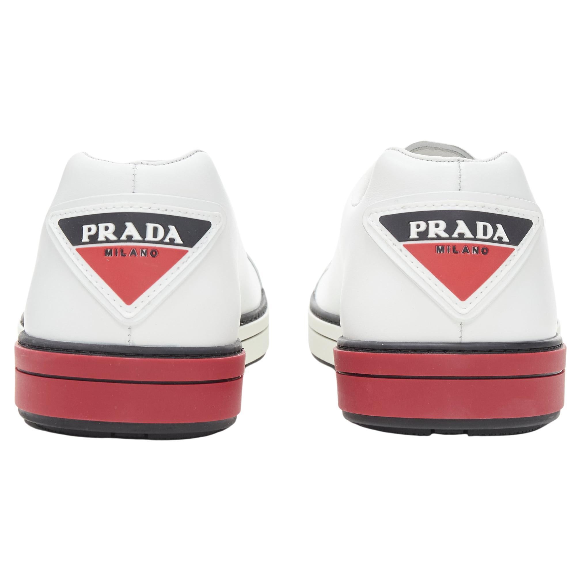 new PRADA white leather triangle logo red white midsole low sneaker UK9  US10 For Sale at 1stDibs