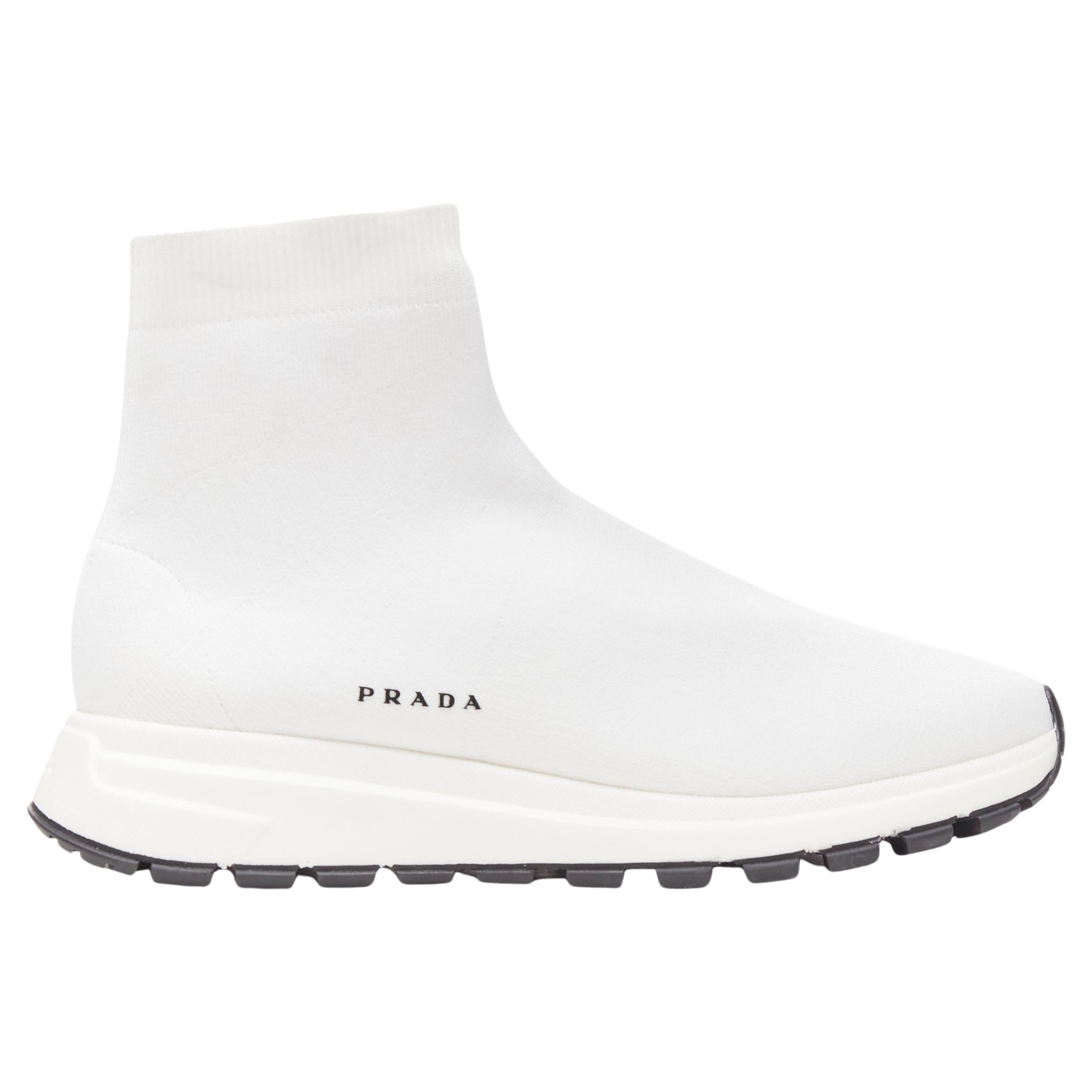 new PRADA white sock knit logo print high top sneaker UK5 US6 EU39 at  1stDibs