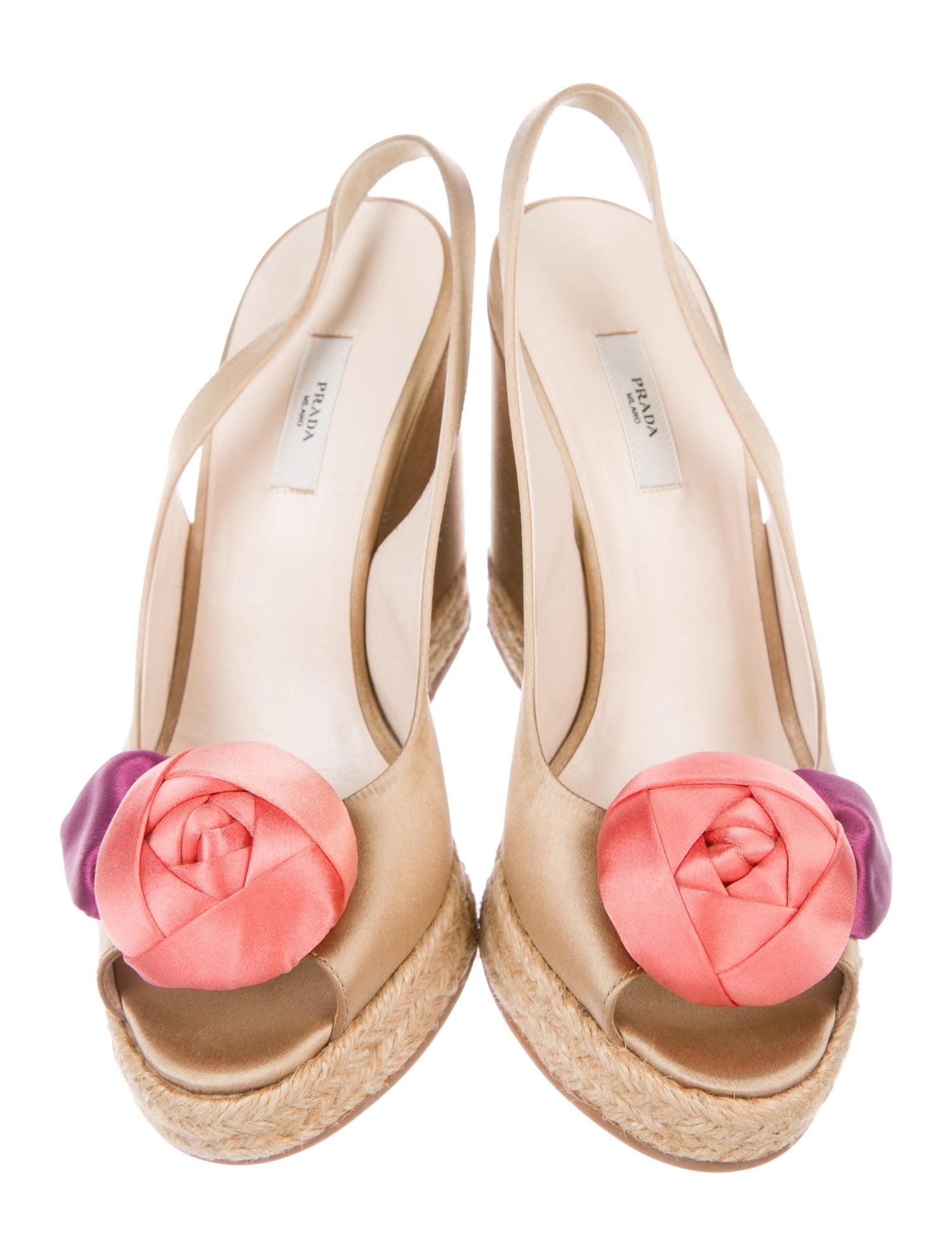 Women's NEW Prada Satin Raso Caramel Wedge Heel Sandals with Floral Flower Trimming