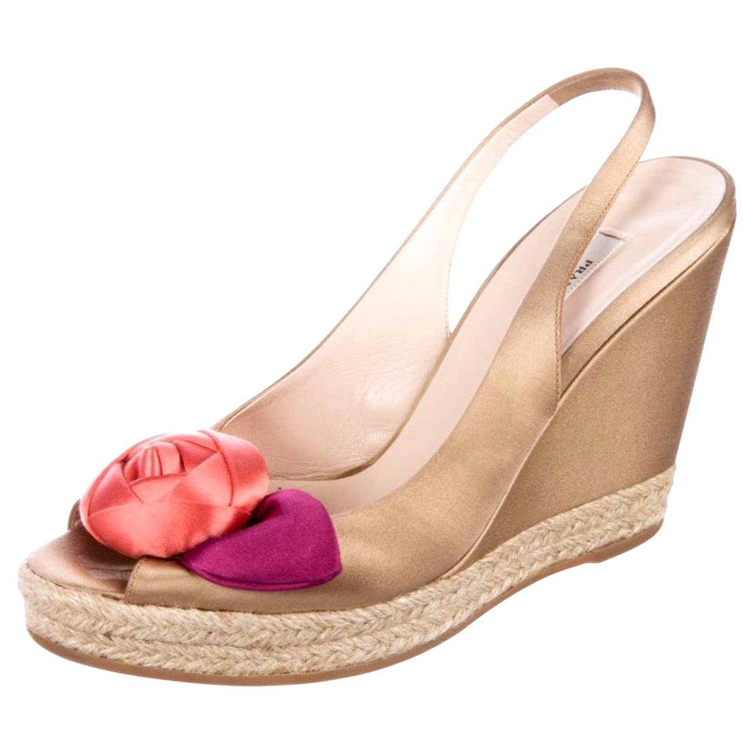NEW Prada Satin Raso Caramel Wedge Heel Sandals with Floral Flower Trimming