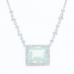 Prasiolite and Diamond Halo Necklace, 14 Karat Gold Adjustable Chain 6.85 Carat