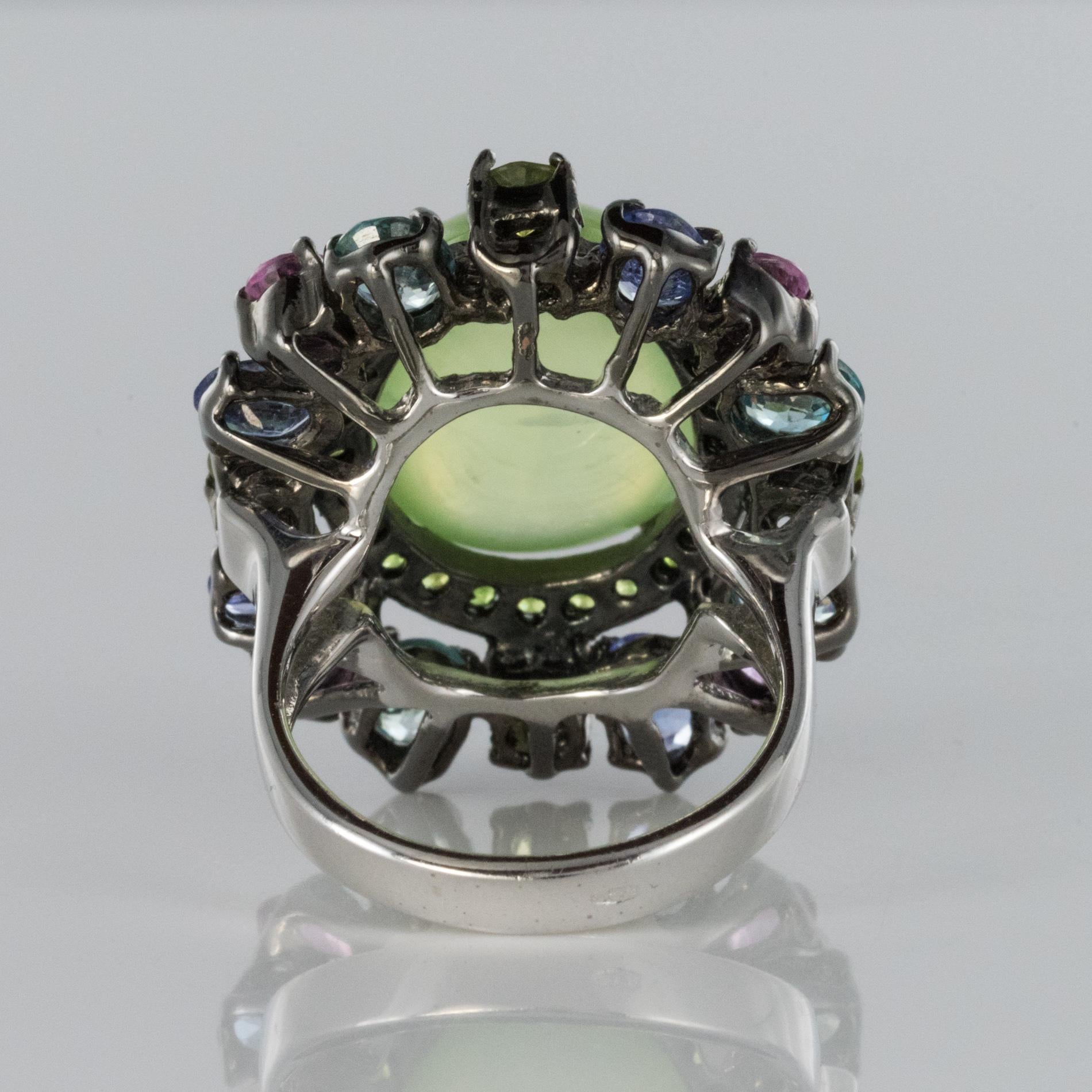 New Prehnite Tanzanite Peridots Sapphires Zircons Cocktail Ring In New Condition In Poitiers, FR