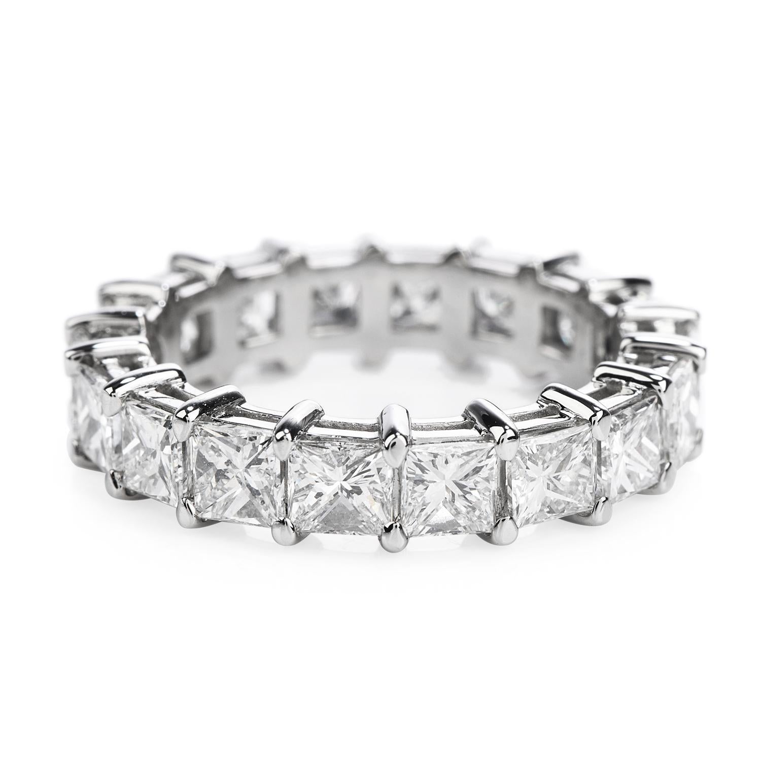 Modern Princess Diamond 4.70 Carat Platinum Eternity Band Ring For Sale
