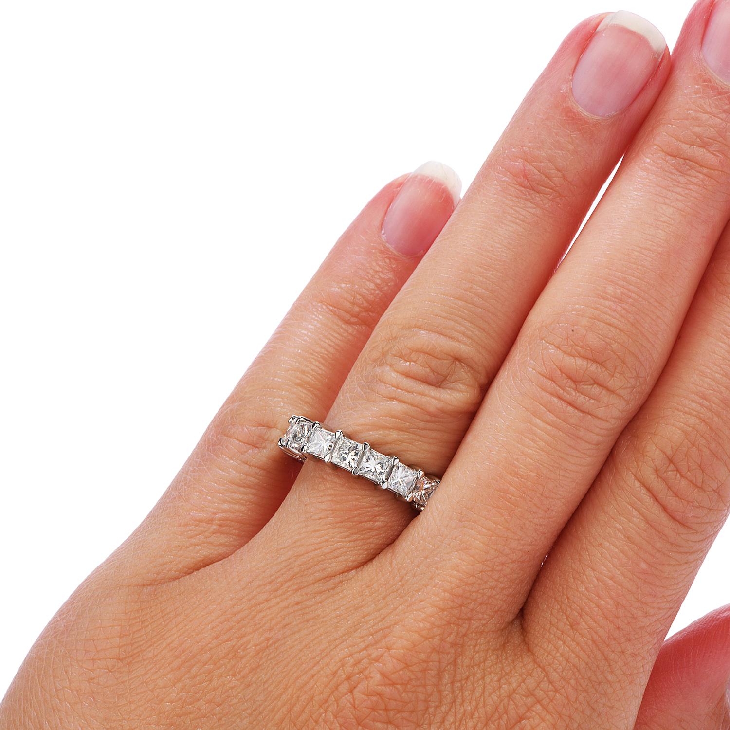Women's Princess Diamond 4.70 Carat Platinum Eternity Band Ring For Sale