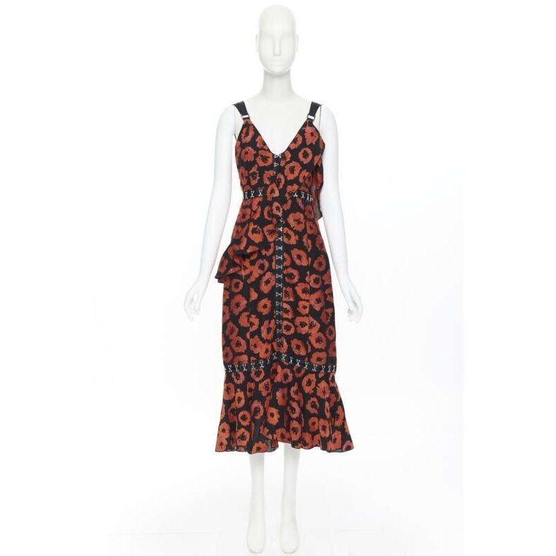 Brown new PROENZA SCHOULER SS18 black red floral jacquard hook eye ruffle dress US4 For Sale