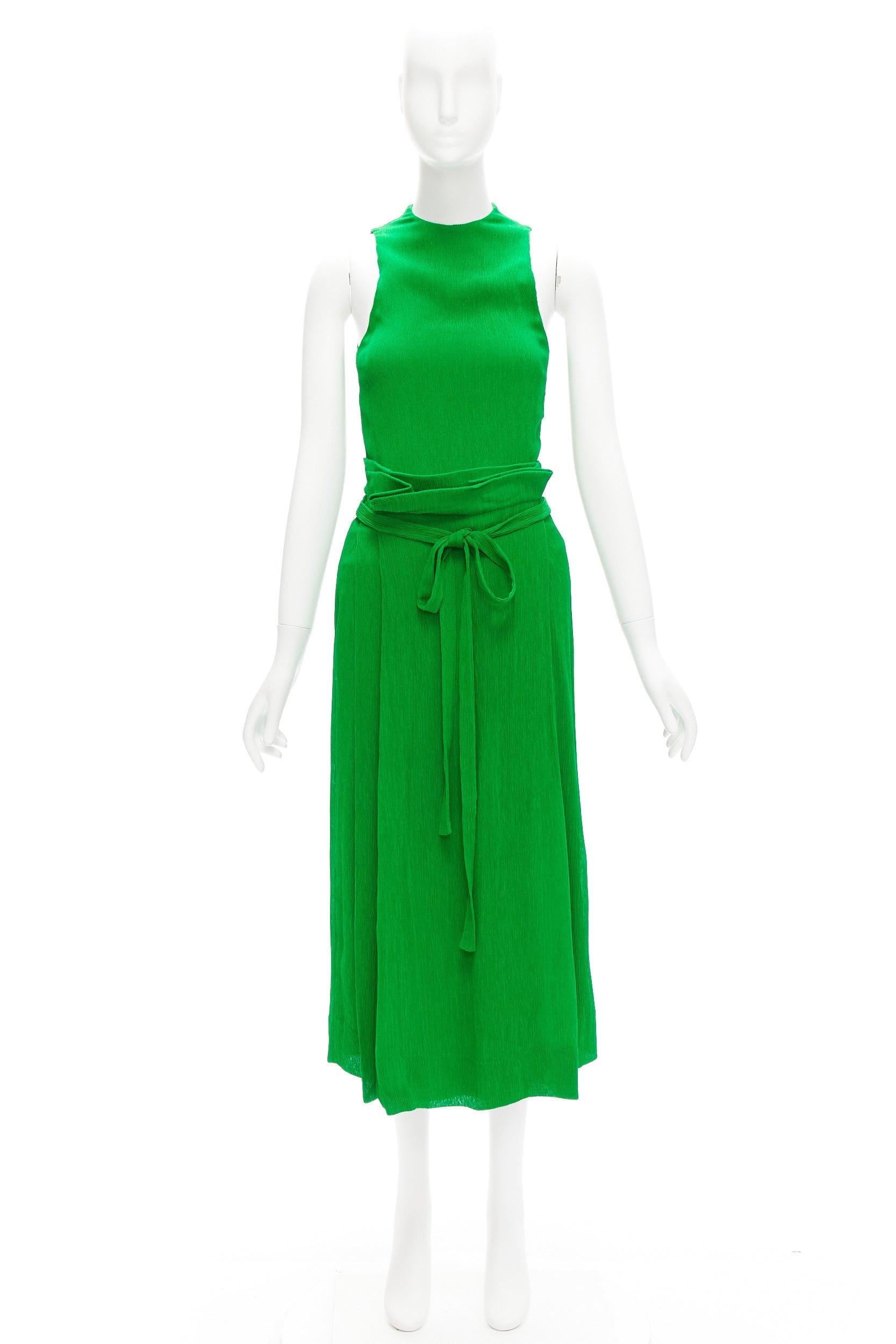 new PROTAGONIST kelly green plisse silk lined tie belt wrap skirt set US0 XS For Sale 6