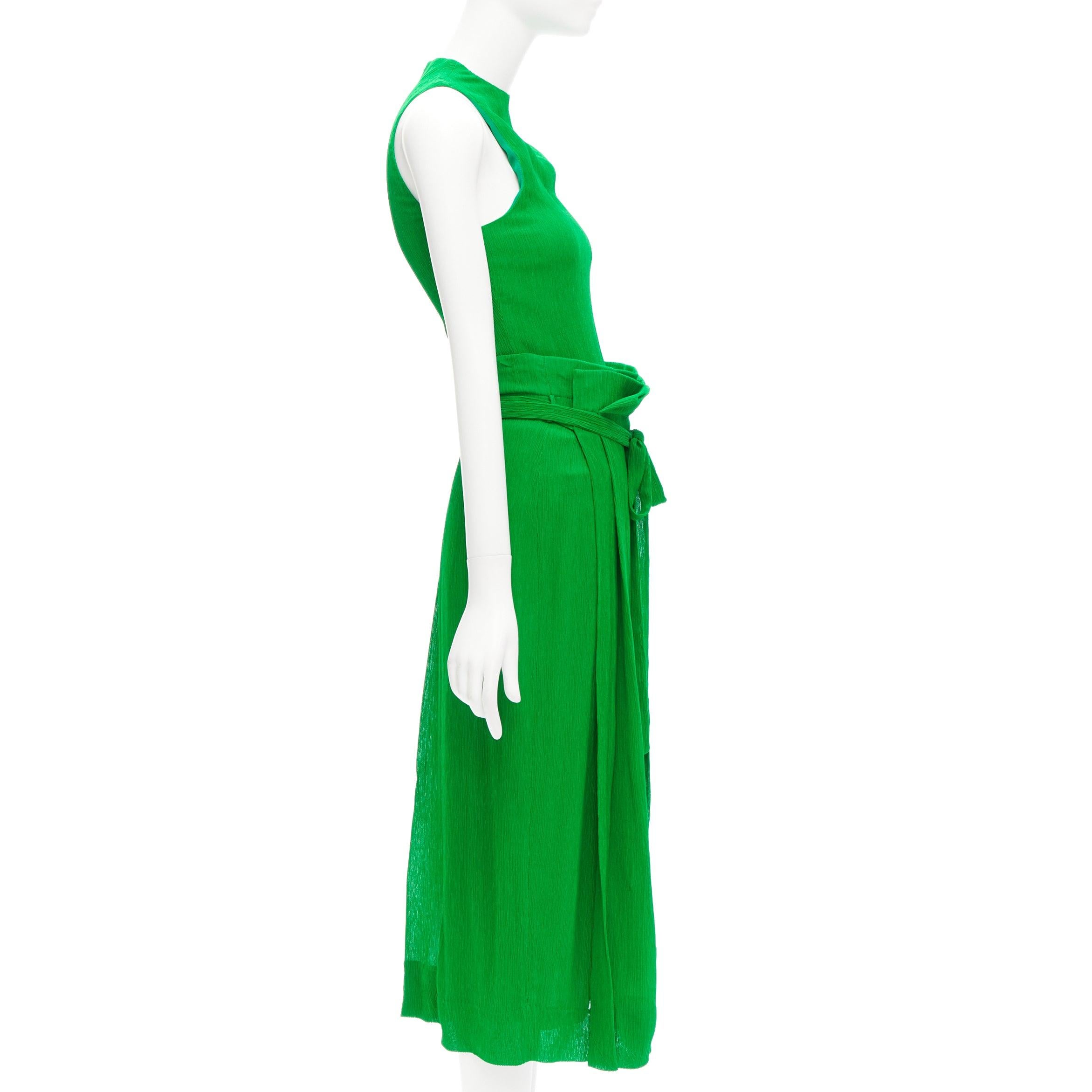 Green new PROTAGONIST kelly green plisse silk lined tie belt wrap skirt set US0 XS For Sale