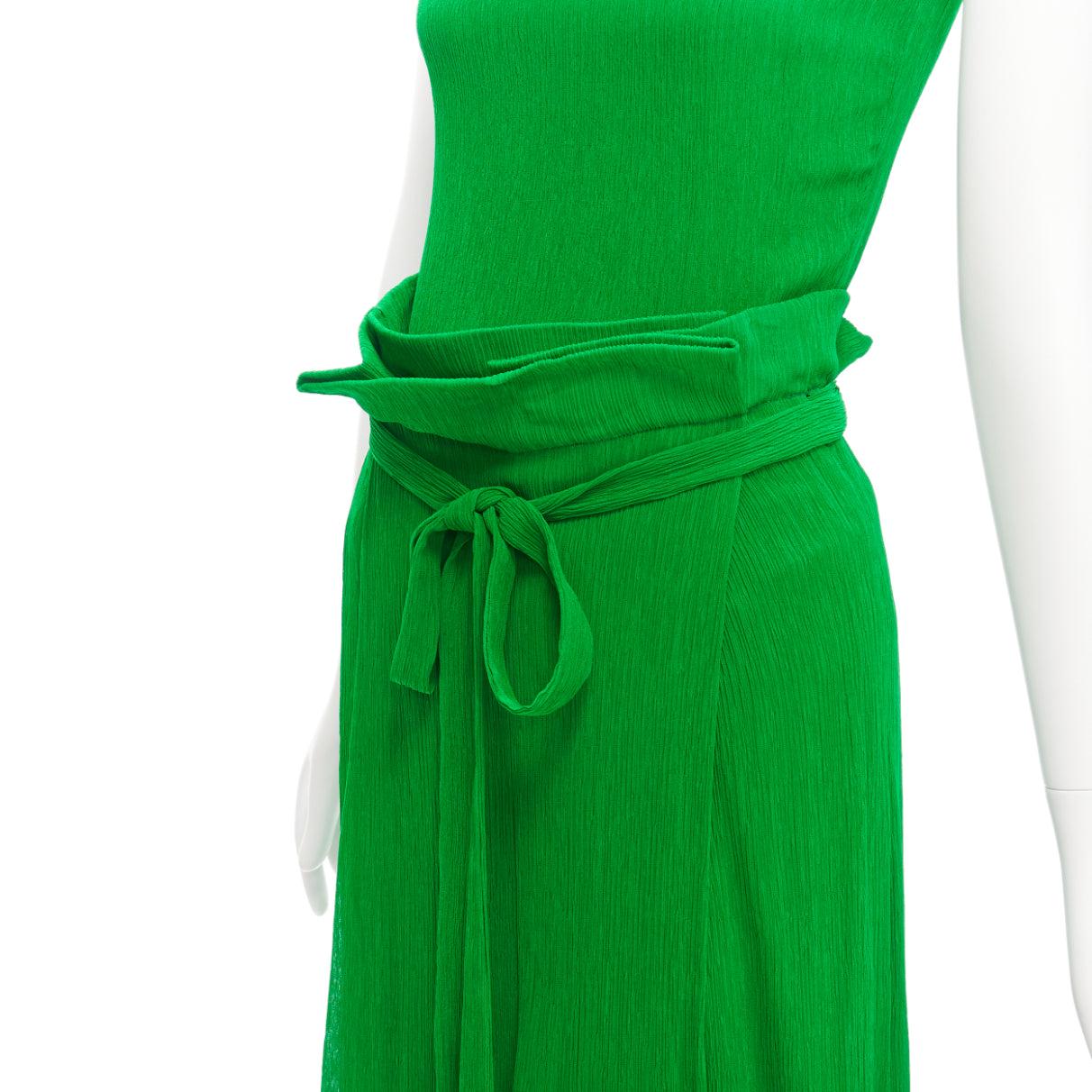 new PROTAGONIST kelly green plisse silk lined tie belt wrap skirt set US0 XS For Sale 1