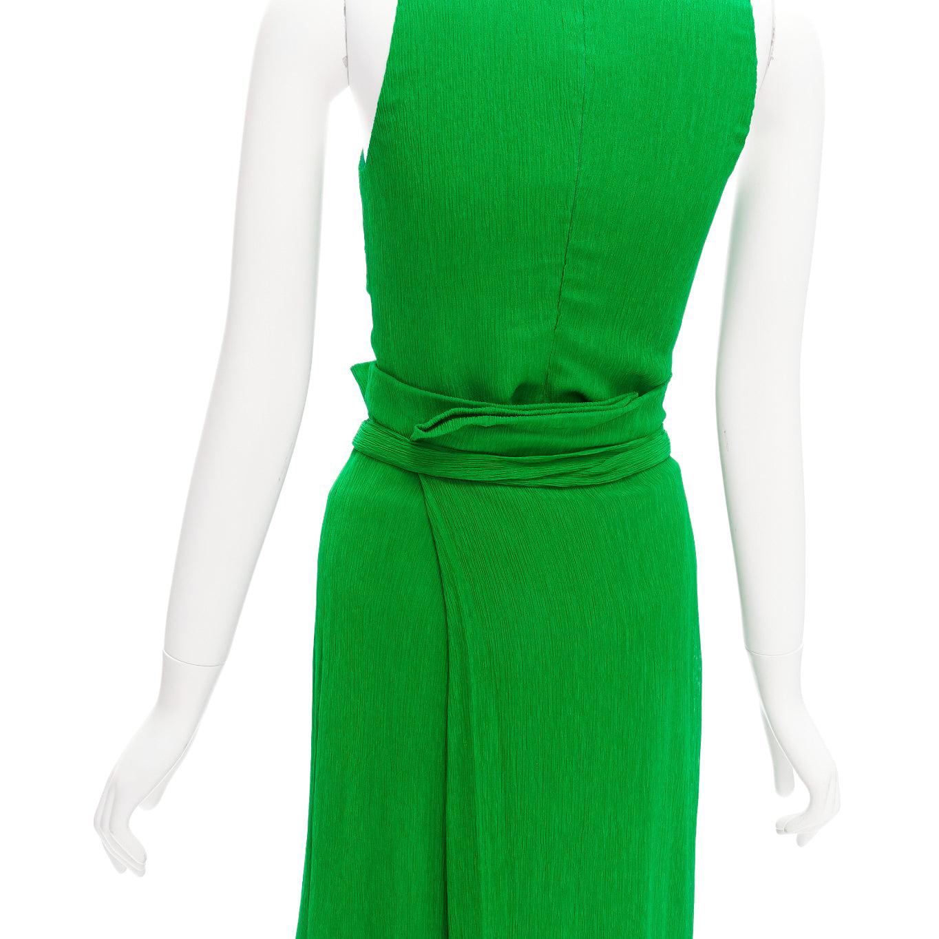 new PROTAGONIST kelly green plisse silk lined tie belt wrap skirt set US0 XS For Sale 2