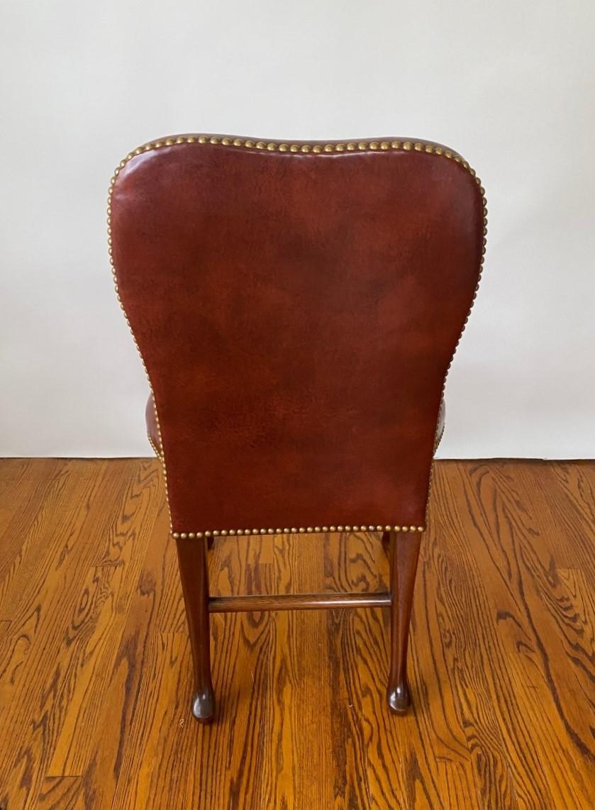 American New Queen Anne Style Mahogany Balloon Seat Leather Side Chair w/ Brass Nail Trim For Sale
