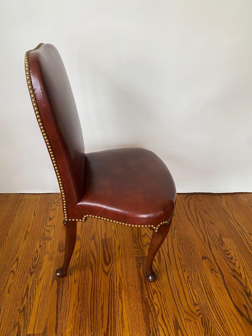 18th Century and Earlier New Queen Anne Style Mahogany Balloon Seat Leather Side Chair w/ Brass Nail Trim For Sale