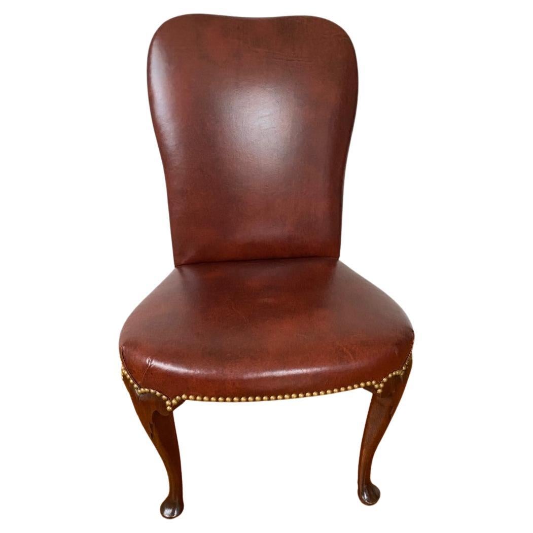 New Queen Anne Style Mahogany Balloon Seat Leather Side Chair w/ Brass Nail Trim For Sale