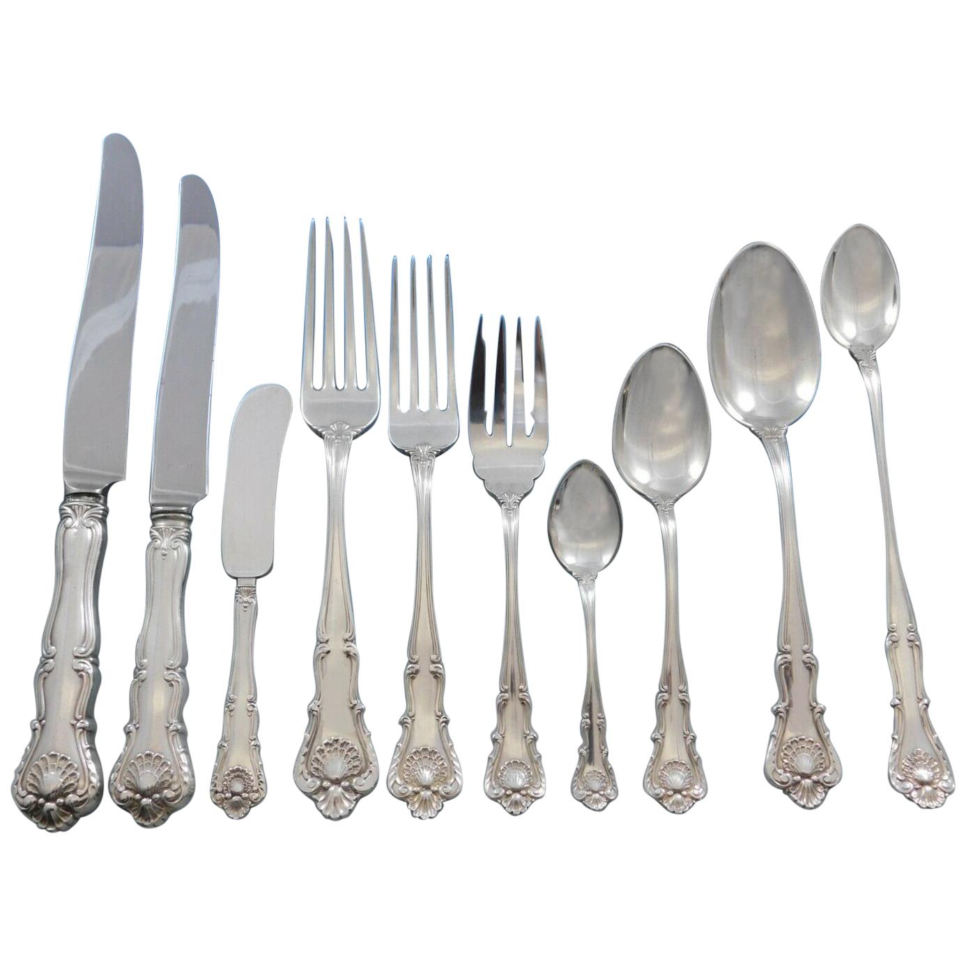 New Queens by Durgin Sterling Silver Flatware Set Service 87 Pieces Dinner Shell For Sale