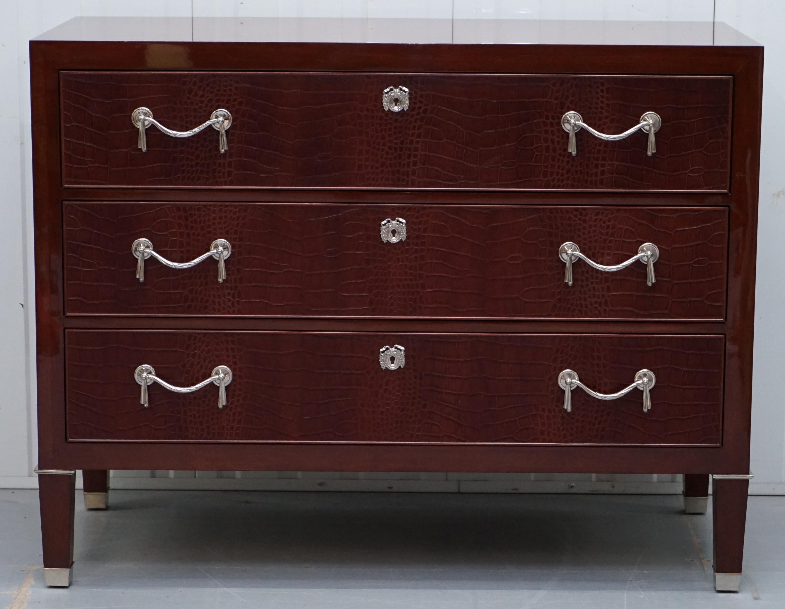 We are delighted to offer for sale this brand new with original tags Ralph Lauren Brook Street chest of drawers with brown leather Alligator/crocodile patina leather panelling RRP £12,000

The drawers are ex-shop display, I have bought around 30