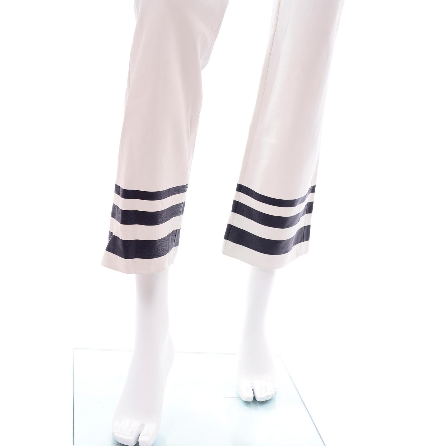 New Ralph Lauren White Leather Pants W Navy Blue Stripes w/ Original Tag 2
