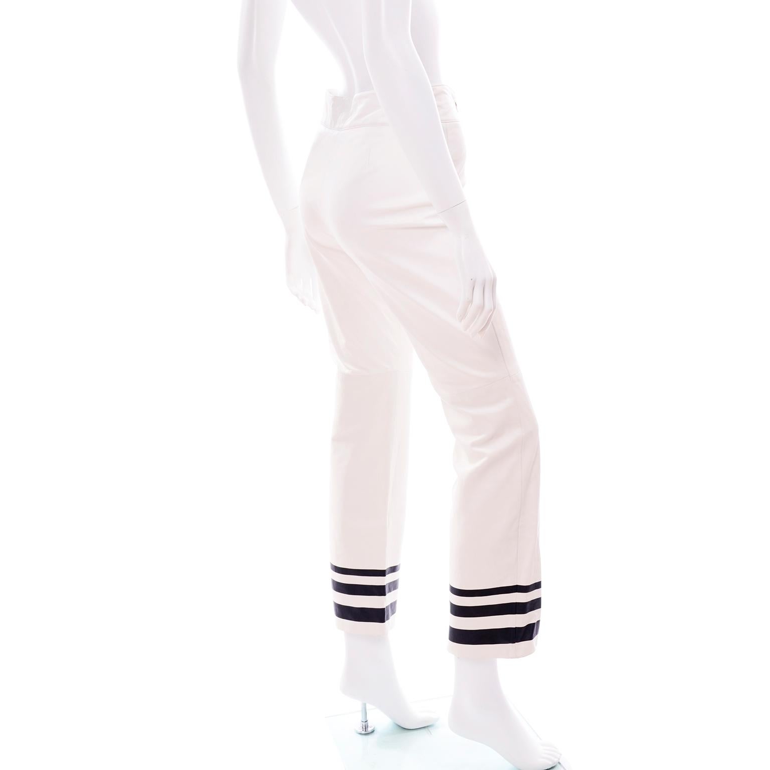 Gray New Ralph Lauren White Leather Pants W Navy Blue Stripes w/ Original Tag