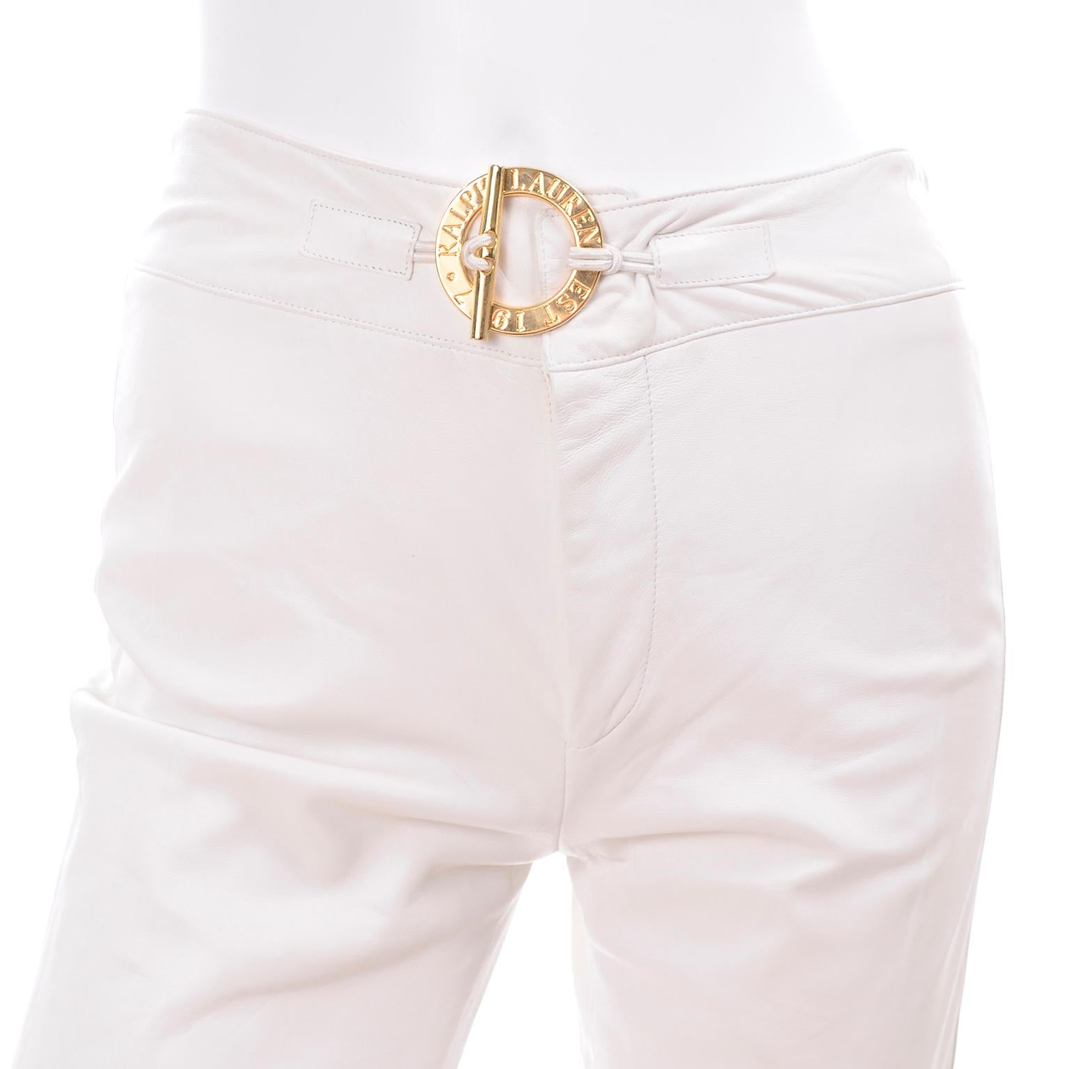 Women's New Ralph Lauren White Leather Pants W Navy Blue Stripes w/ Original Tag