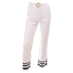 New Ralph Lauren White Leather Pants W Navy Blue Stripes w/ Original Tag