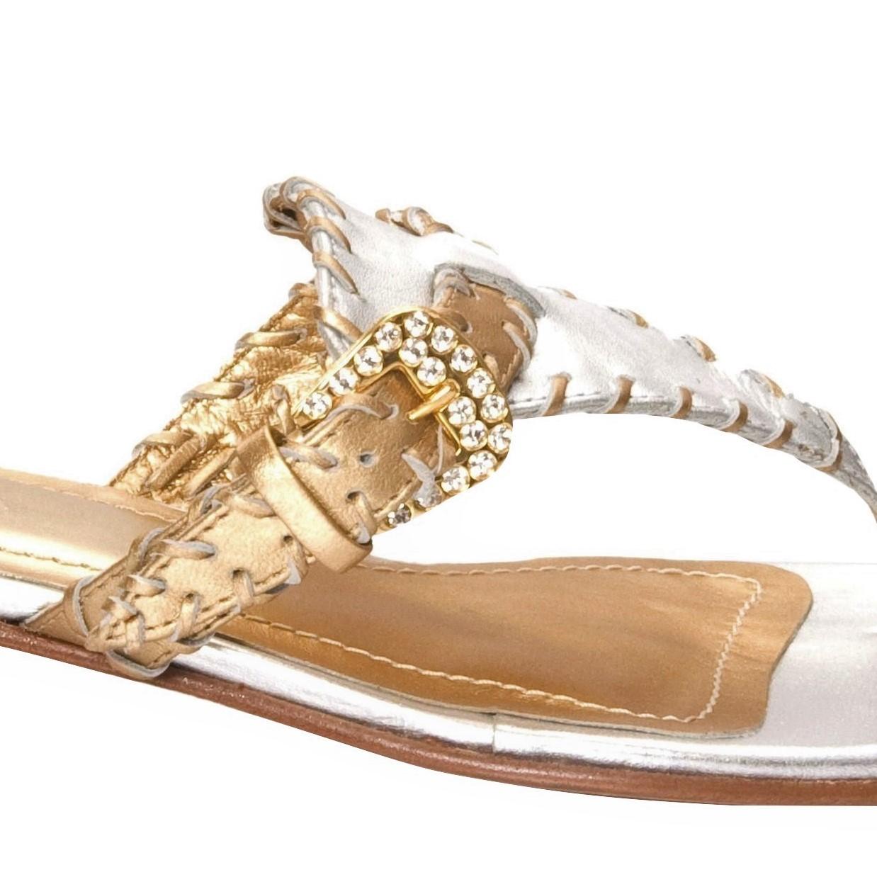 Ramon Tenza Spain
Brand New
Gold & Silver Thong Sandals
* Padded Leather Footbed
* Gold & Silver Leather 
* Crystal Adjustable Buckle Strap
* Size: 7.5
* 1.25