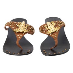 New Ramon Tenza Spain Gold Frog Flat Sandal Slide Sz 10