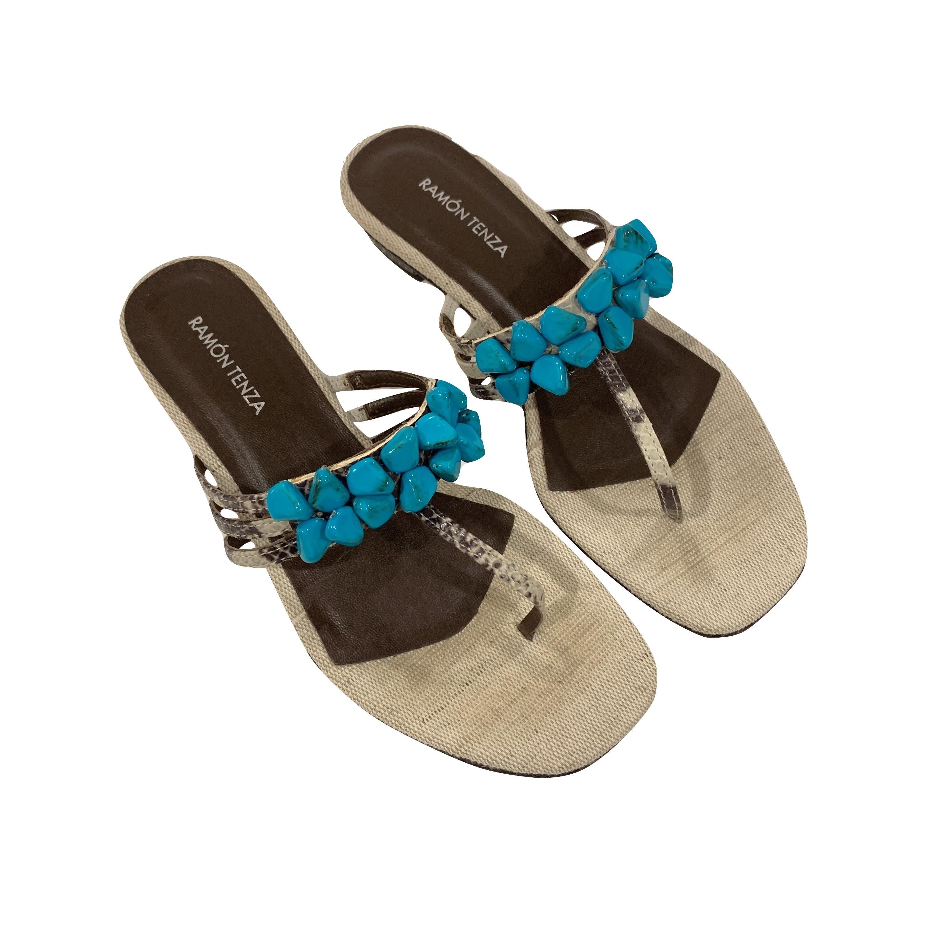 Women's New Ramon Tenza Spain Turquoise Snakeskin Flat Sandal Slide Sz 10