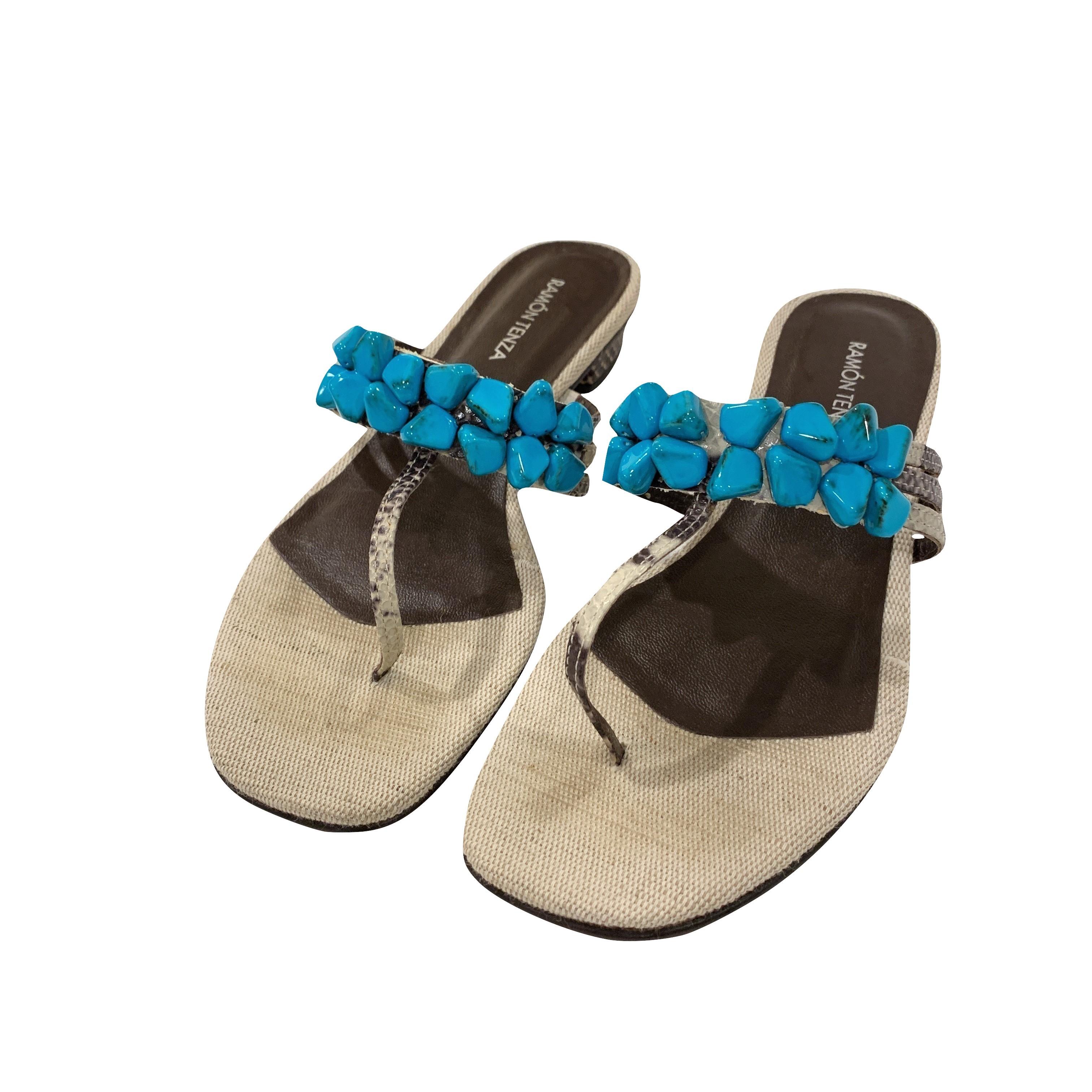 New Ramon Tenza Spain Turquoise Snakeskin Flat Sandal Slide Sz 6 In New Condition In Leesburg, VA