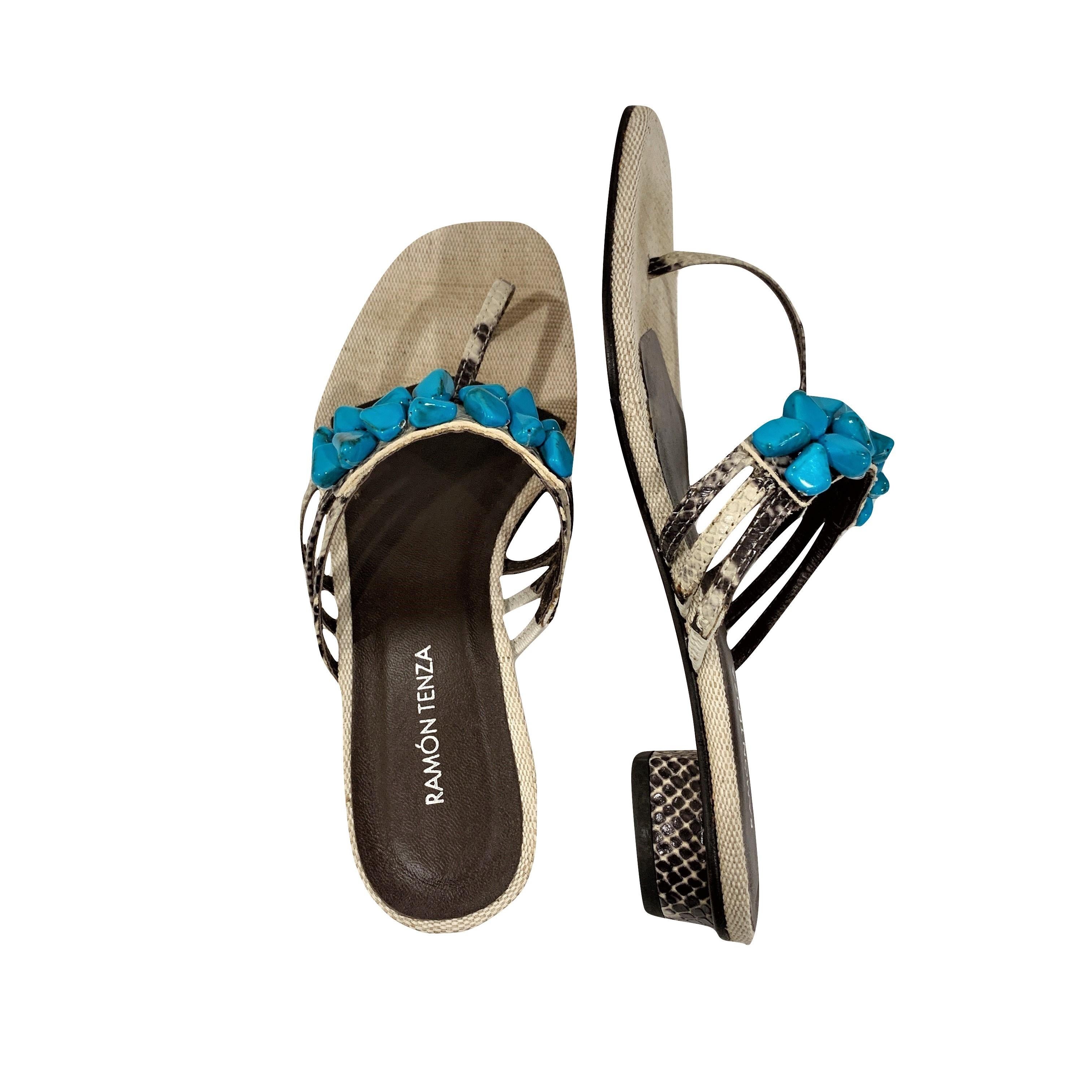 Women's New Ramon Tenza Spain Turquoise Snakeskin Flat Sandal Slide Sz 6