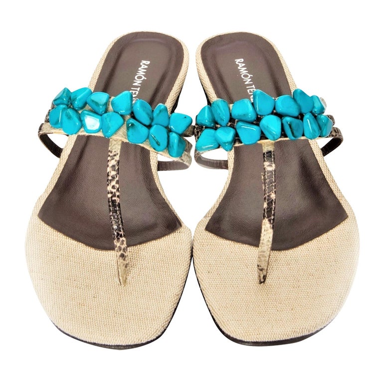 New Ramon Tenza Spain Turquoise Snakeskin Flat Sandal Slide Sz