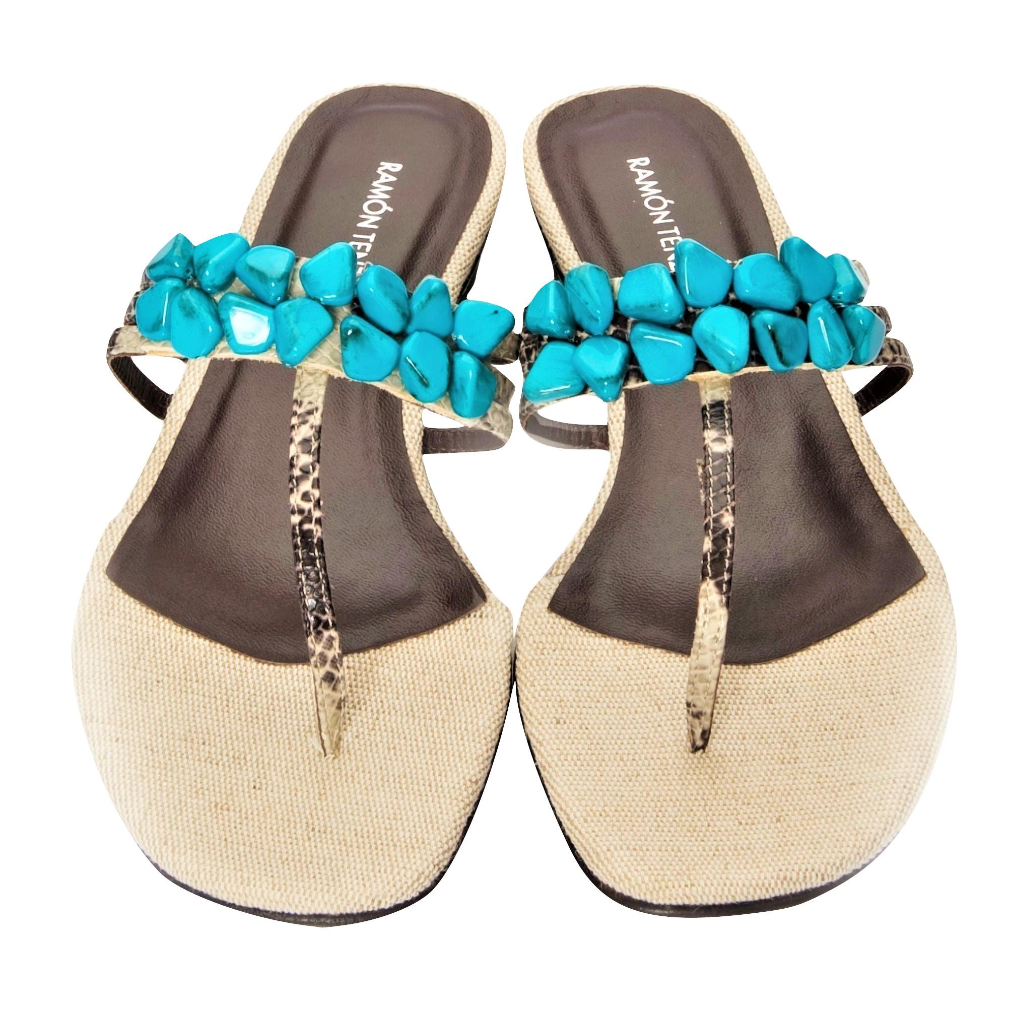 New Ramon Tenza Spain Turquoise Snakeskin Flat Sandal Slide Sz 9.5 5