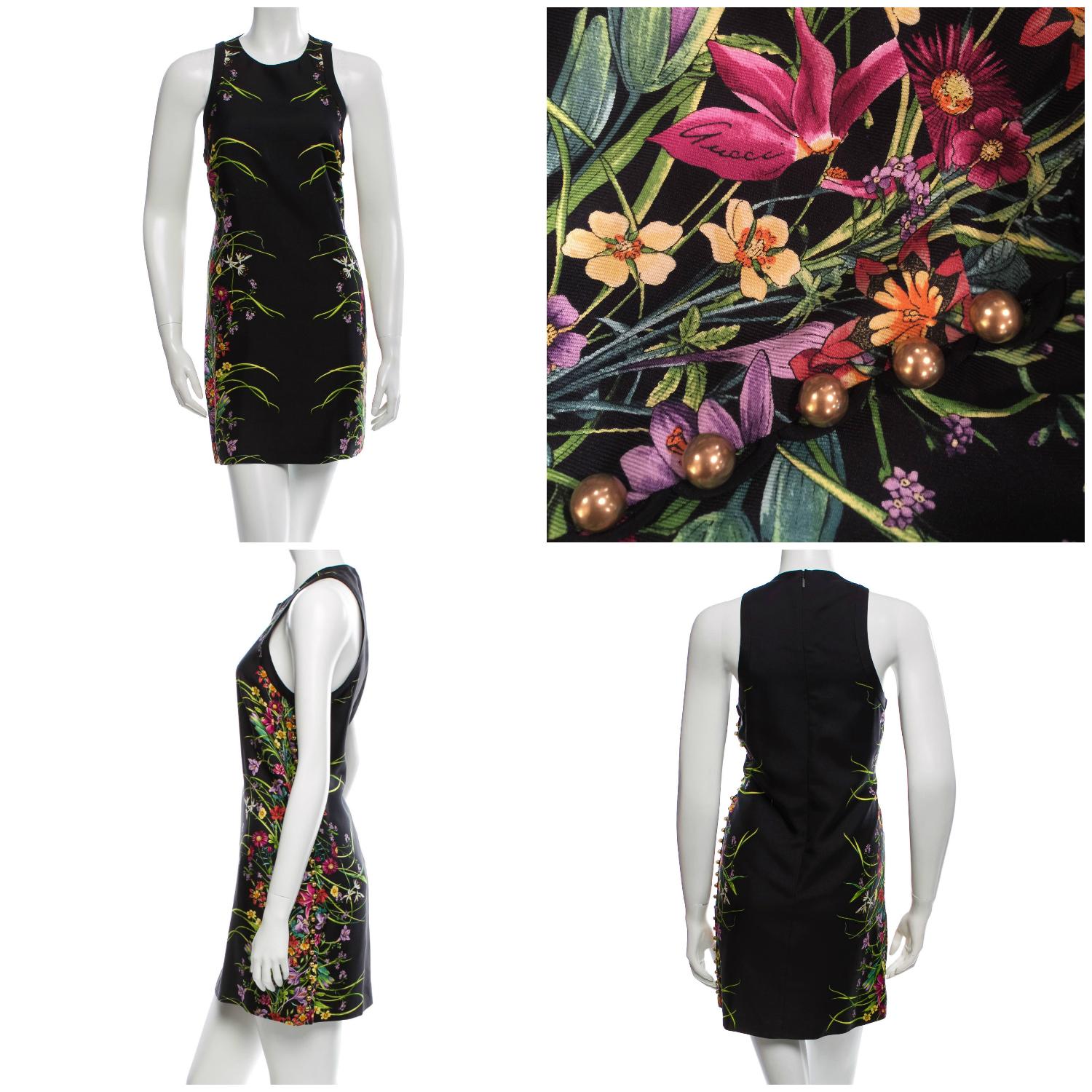 Gucci Flora Silk Dress
Brand New
S/S 2013
* Retail $1475
* Iconic Black Flora Fabric
* Euro Size: 40 Size: 4
* Classic Flora Design
Gucci Signature Throughout the Dress
*Zips Up the Back
* Fully Lined
* Button Accent Up One Side

Bust: 34