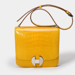 New Rare Hermes 2002 shoulder bag in Ambre Yellow Alligator leather, SHW