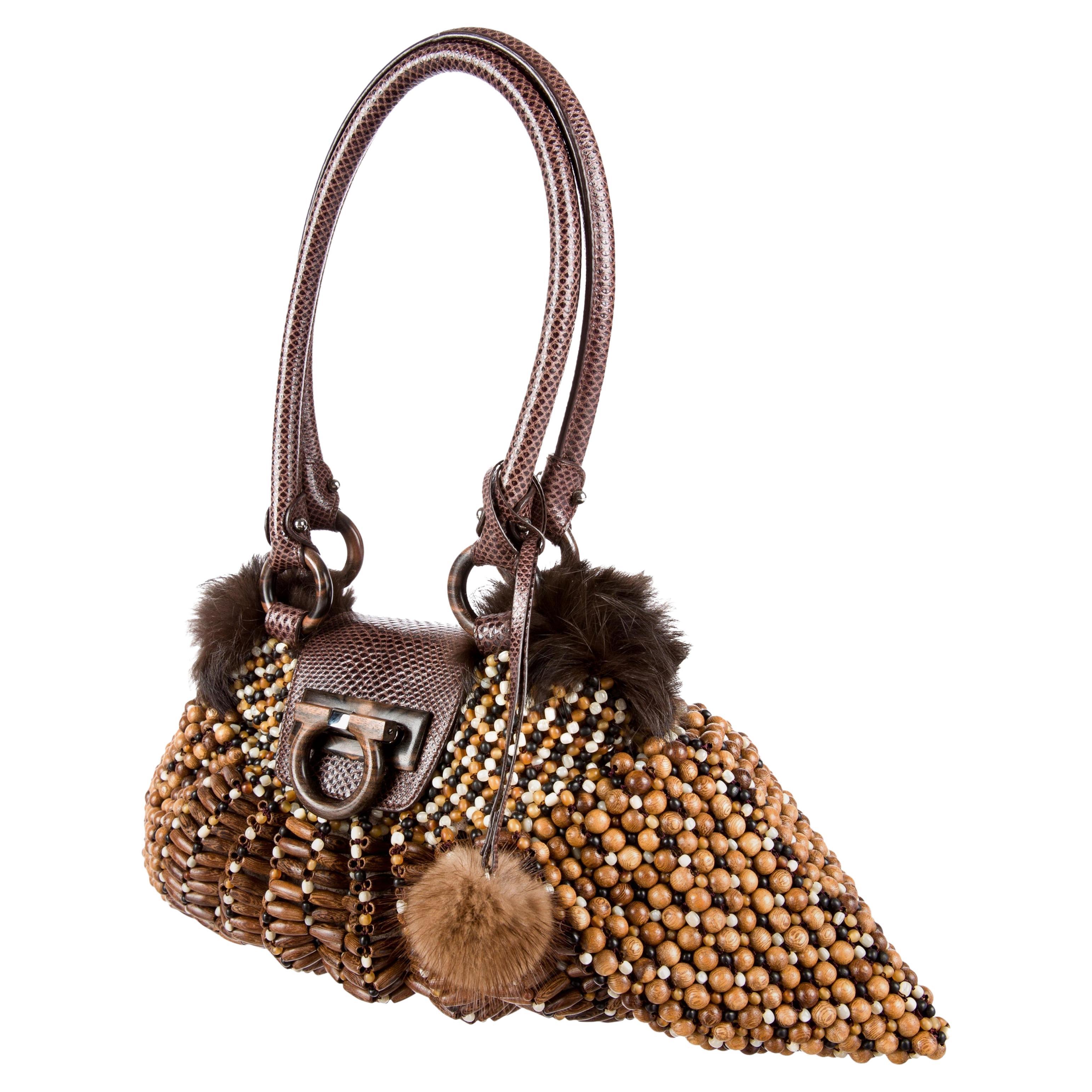 Seltene Salvatore Ferragamo Nerz gefütterte Holztasche mit Perlen und Schlangenhaut mit Etiketten, neu (Braun) im Angebot