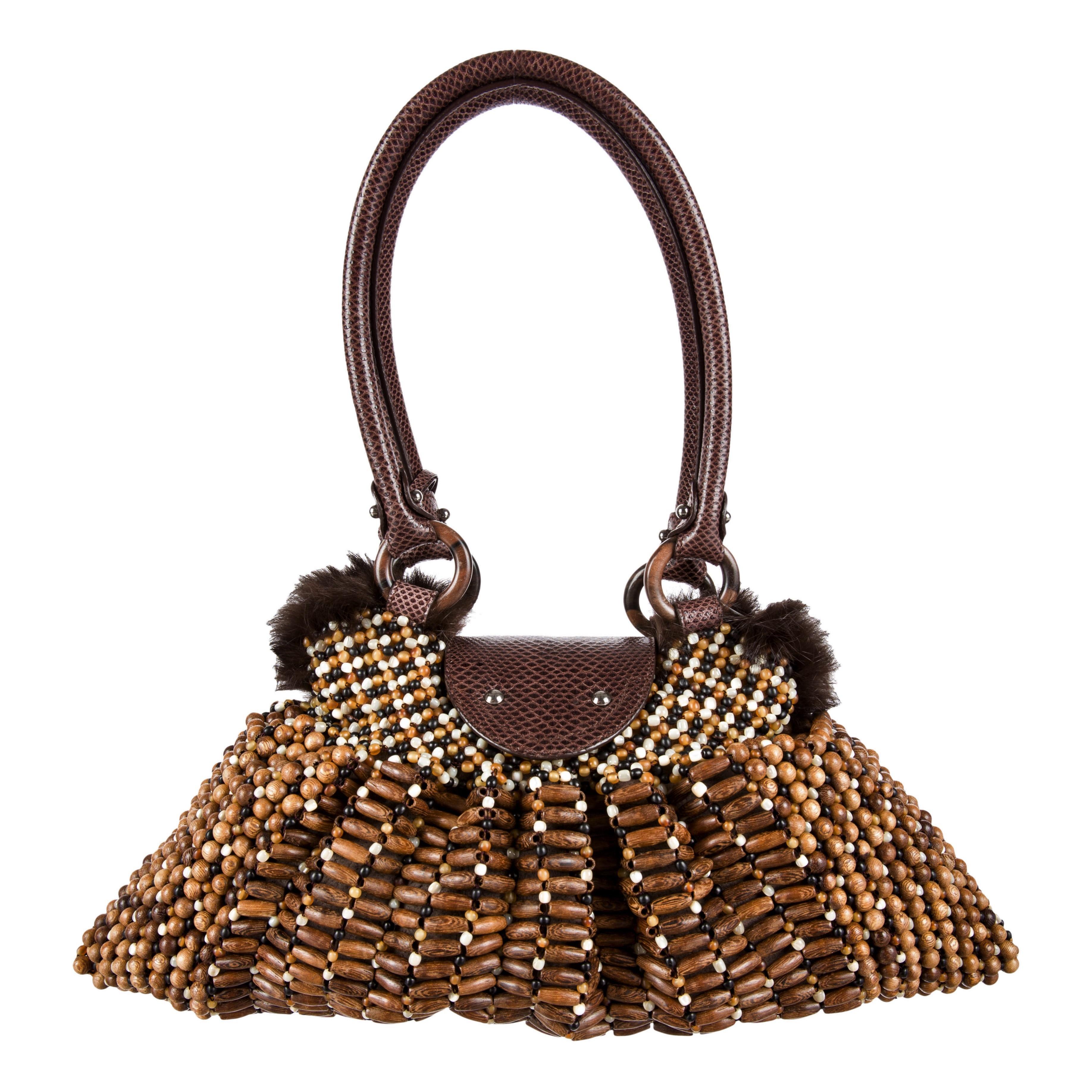 New Rare Salvatore Ferragamo Mink Lined Wood Beaded Snakeskin Bag With Tags In New Condition For Sale In Leesburg, VA