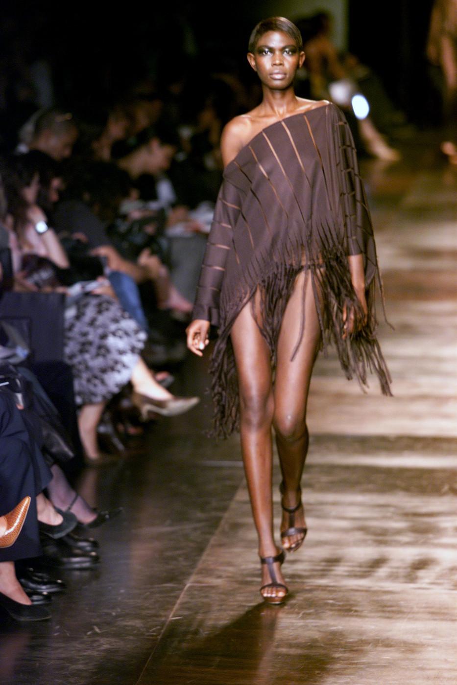 Tom Ford for Yves Saint Laurent
Spring / Summer 2002 
Brand New Without Tags
A Rare Find
Size: One Size
$1350
100% Silk
Brown Silk Runway Cape Poncho
Shown at the 2002 Spring Runway Show

Length: 39
